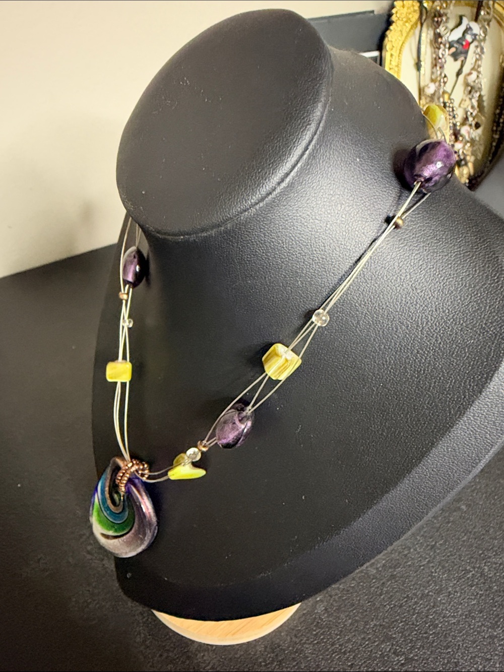 Multicolor Swirl Dichroic Glass Pendant Shell Necklace Green, Blue & Purple - Picture 3 of 7